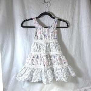 Tommy Bahama Girls 4T Floral Polka Dot Tiered Sundress Pink Blue Crochet Trim